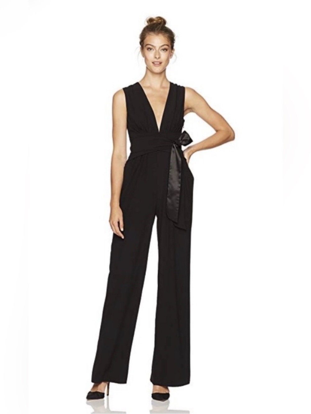 Halston Heritage Black Deep-V Wide-Leg Jumpsuit